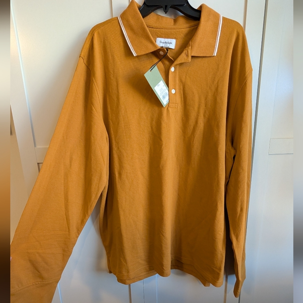 Goodfellow Mens Long Sleeve Rugby Polo Shirt XXL Harvest Gold Mustard Stripe NWT - Picture 2 of 6